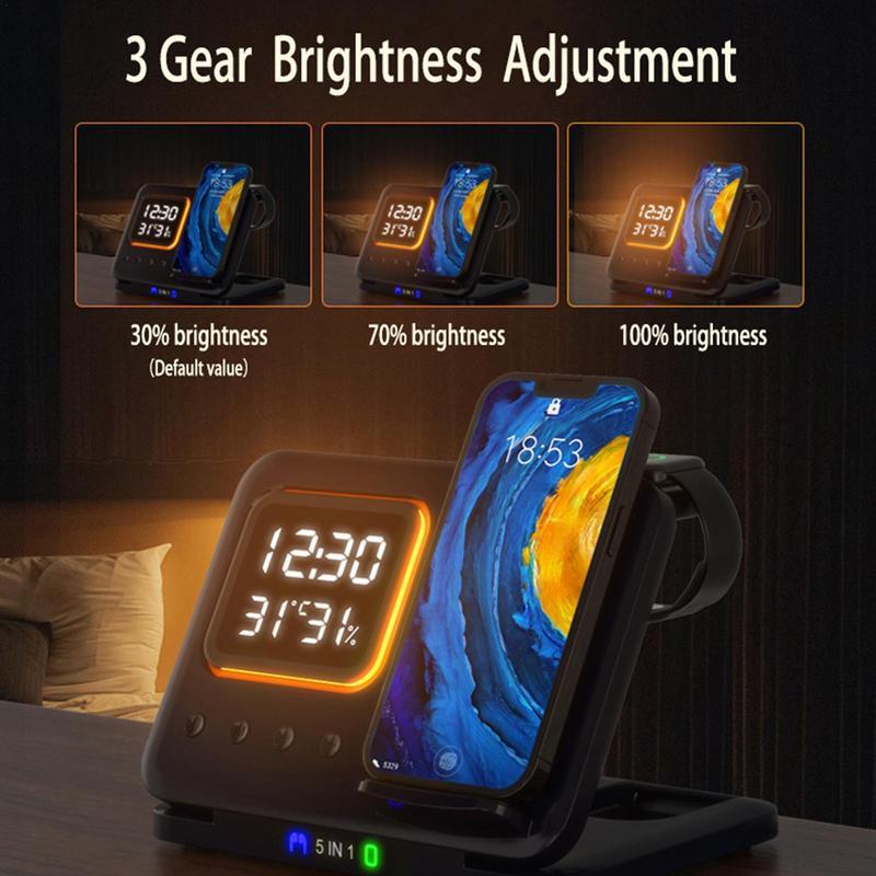 5-in-1 Wireless Charging Dock – 15W Fast Charger & LED Clock