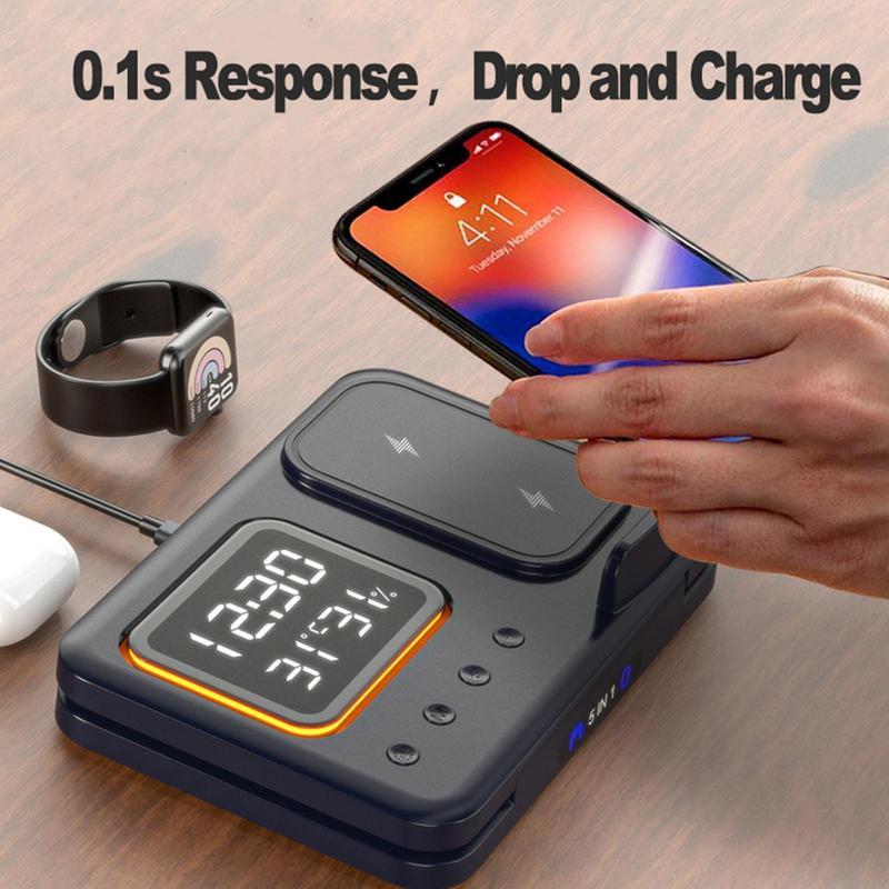 5-in-1 Wireless Charging Dock – 15W Fast Charger & LED Clock