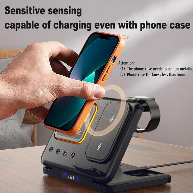 5-in-1 Wireless Charging Dock – 15W Fast Charger & LED Clock