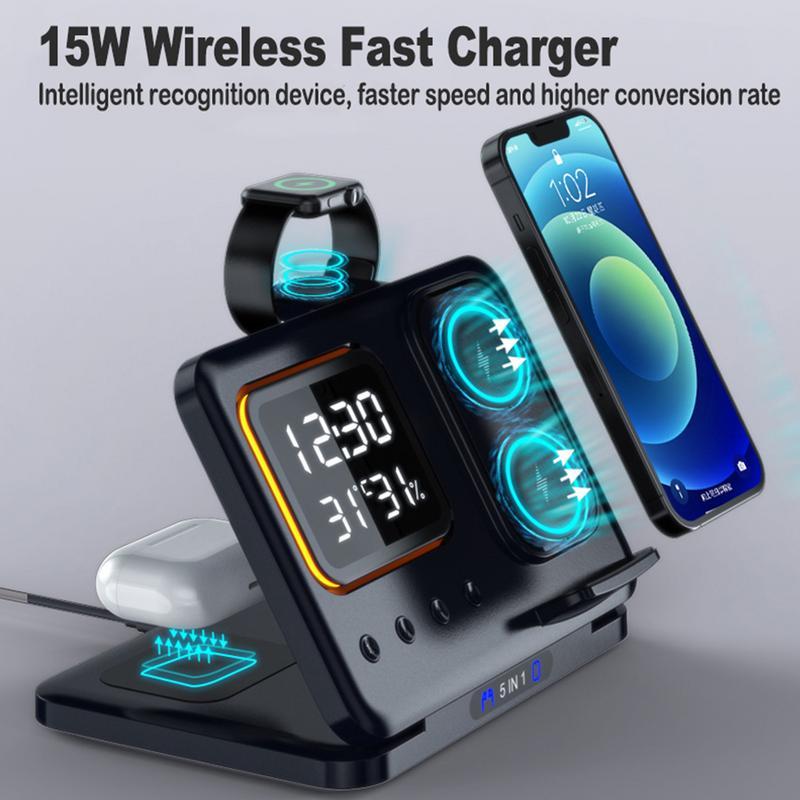 5-in-1 Wireless Charging Dock – 15W Fast Charger & LED Clock