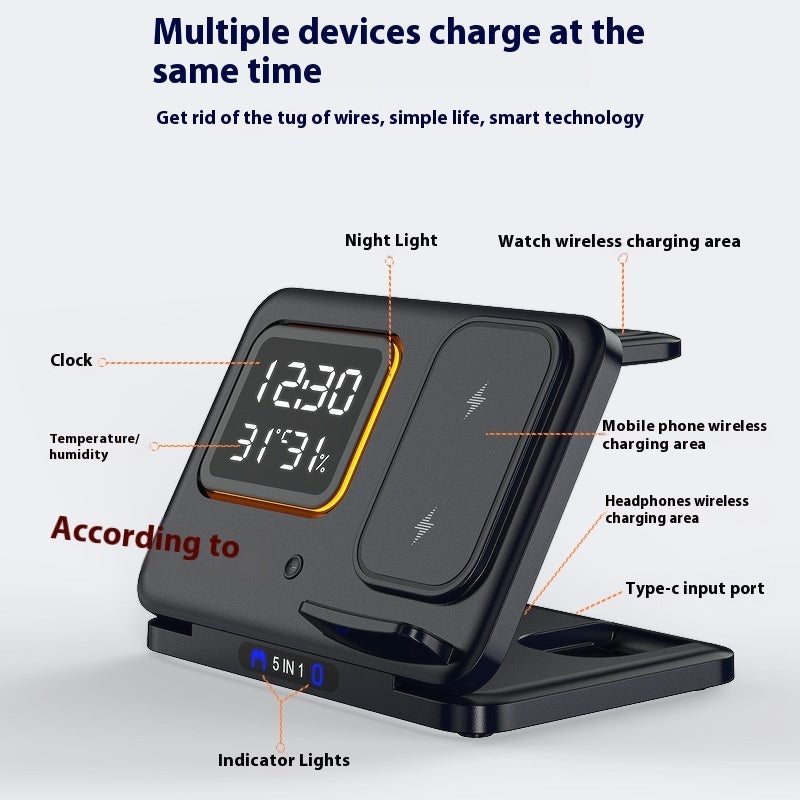 5-in-1 Wireless Charging Dock – 15W Fast Charger & LED Clock