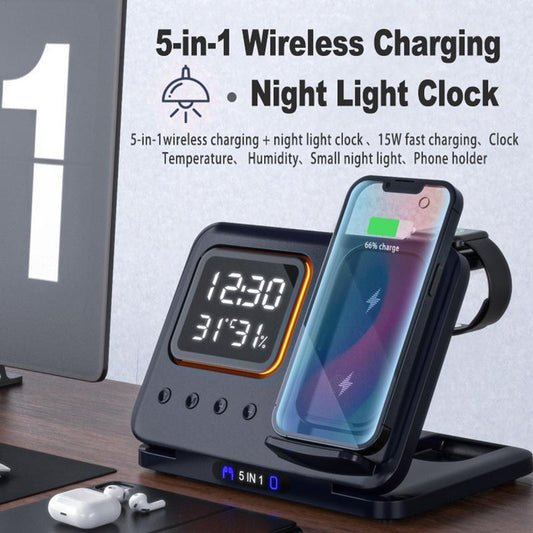 5-in-1 Wireless Charging Dock – 15W Fast Charger & LED Clock