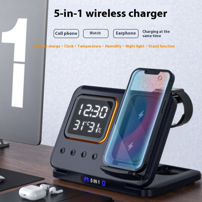 5-in-1 Wireless Charging Dock – 15W Fast Charger & LED Clock